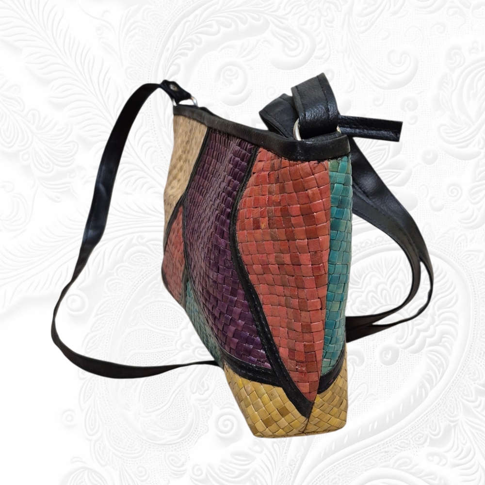 HandWoven  Pandan Leaves Multicolor Patchwork Crossbody Bag with Black Strap - Picture 2 of 6